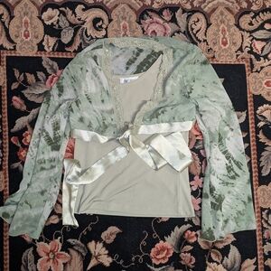 Whimsical Green Lace Tie-Front Blouse